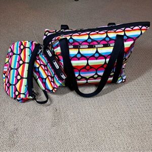 LeSportsac Rainbow Heart Tote  3 Bag Set NWOT